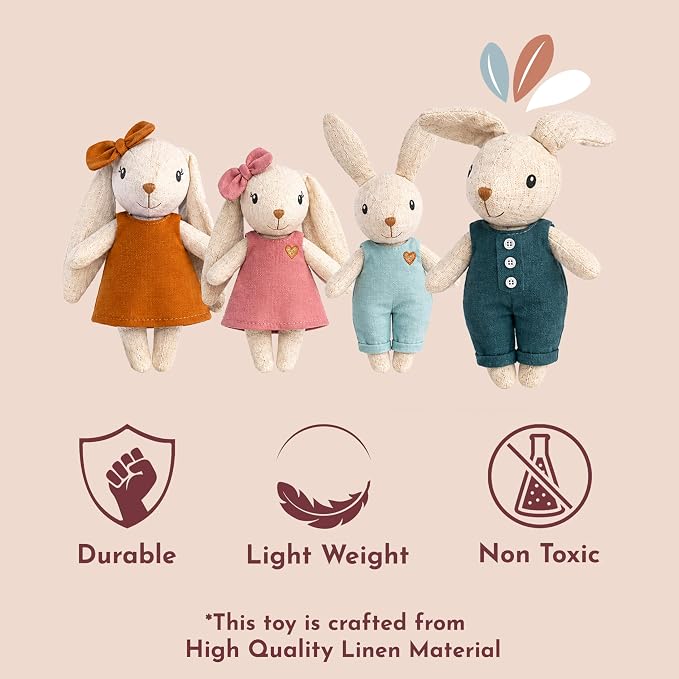 SPEEDY MONKEY Rabbit Family Set – Miniature Bunny Figures with Parents & 2 Baby Rabbits – Pretend Play Doll House Family for Kids, Toddlers, Girls – Cute Dollhouse Decor Toy