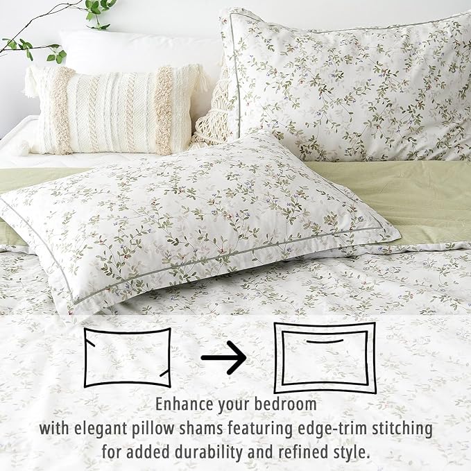LEMIROE Botanical Cotton Comforter King Size - Tender Green Comforter Printed with Leafy Branches & Purple Stamens on Off-White,Reversible Lightweight Bedding Sets 3Pcs