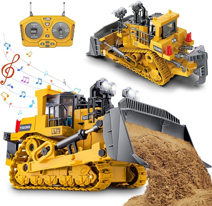 Samtop Rc Bulldozer Toys - Remote Control Bulldozer Construction Vehicles Trucks for Boys Kids Age 6 7 8-12 - Metal RC Electric Tractor Loader Toys with Light and Sound - 3-5 Birthday