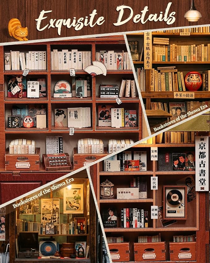 Book Nook Kit - Japanese Showa Retro DIY Miniature Book Nook, Soft LED Vintage Scene Model, Handmade Wooden Assembly Craft Gifts for Adults and Teens (Antique Bookery of Kyoto)