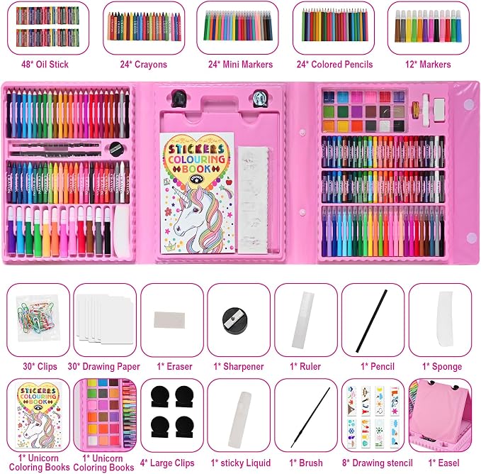 Goldge Kids Art Set, 230 PCS+ Art Supplies for Kids with Double-Sided Easel, Coloring Kit for Kids with Crayons, Colored Pencils, Markers, Watercolor Paints, Drawing Kit Gifts for Girls Boys