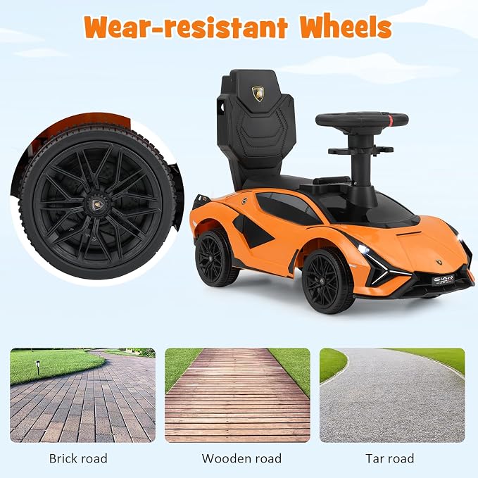 INFANS 3 in 1 Ride on Push Car, Licensed Lamborghini Baby Stroller Sliding Walking Car with Parent Control Handle, Music, USB, Headlight, Under Seat Storage, Foot-to-Floor Toy 18-60 Months (Orange)