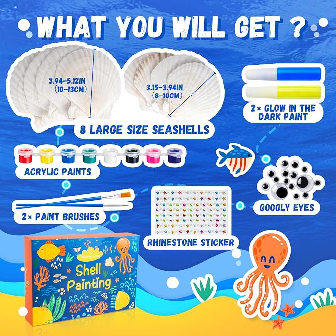 Eleanore's Diary Kids Sea Shell Painting Kit, Glow in The Darkness Painting Crafts for Boys Girls, Creative Art Activities Toys Gifts for Age 3 4 5 6 7 8 9 10 11 12 Year Old Birthday Holiday Party