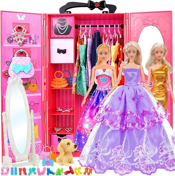 11.5-Inch Fashion Doll with Closet Clothes Accessories Set - Includes Princess Gown, Long Dresses, Outfits, Shoes, Handbags, Mirror, Pet Dog & More (Doll Included)