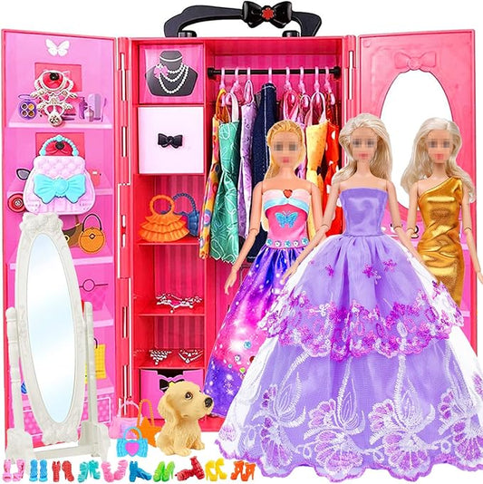 11.5-Inch Fashion Doll with Closet Clothes Accessories Set - Includes Princess Gown, Long Dresses, Outfits, Shoes, Handbags, Mirror, Pet Dog & More (Doll Included)