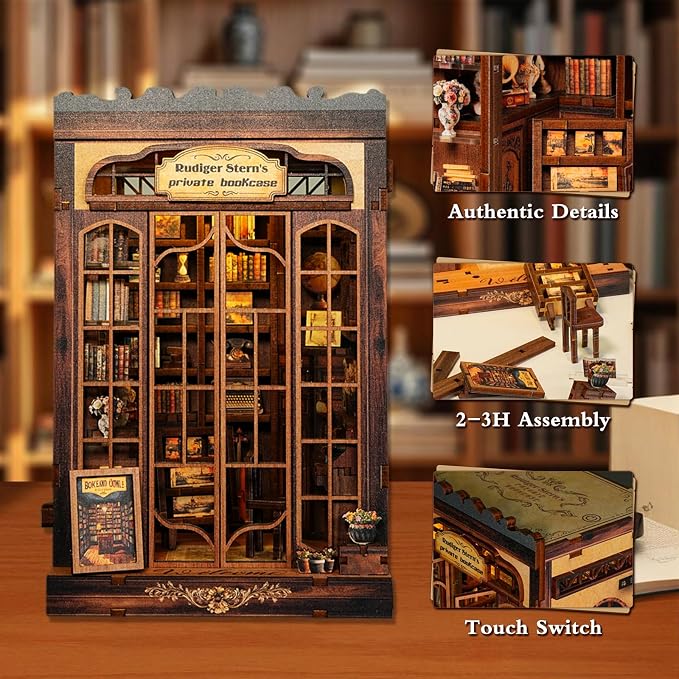 DIY Miniature House Kit, Library Book Nook Kit, 3D Wooden Puzzles Bookshelf Craft Kits, Dollhouse Kit with LED Light, Mini Building Kit for Adults Teen to Build (Retro Bookstore)
