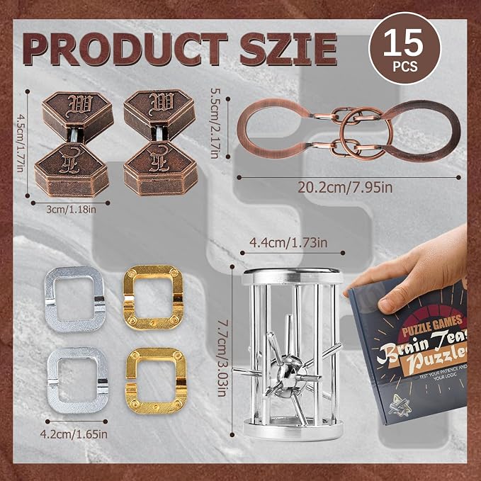 Joyeee 15 Pcs Brain Teaser Metal Wire Puzzles, Mind IQ Test Unlock Toy, Interlock Challenge Puzzle Game Educational Toy Gift for Boys Girls Teens Adults, #A