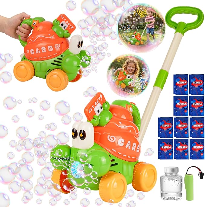 Crab Bubble Machine for Kids,Handheld or Push Bubble Maker Blower,Bubble Lawn Mower W/Lights,Outdoor Toys Birthday Gift for Toddlers Boys Girls 3 4 5 6 Years Old (USB Rechargeable)
