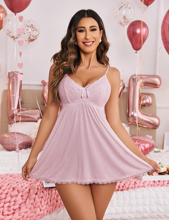 Avidlove Women Nightgown Sexy Sleepwear Lace Chemise V-neck Modal Babydoll Lounge Dress