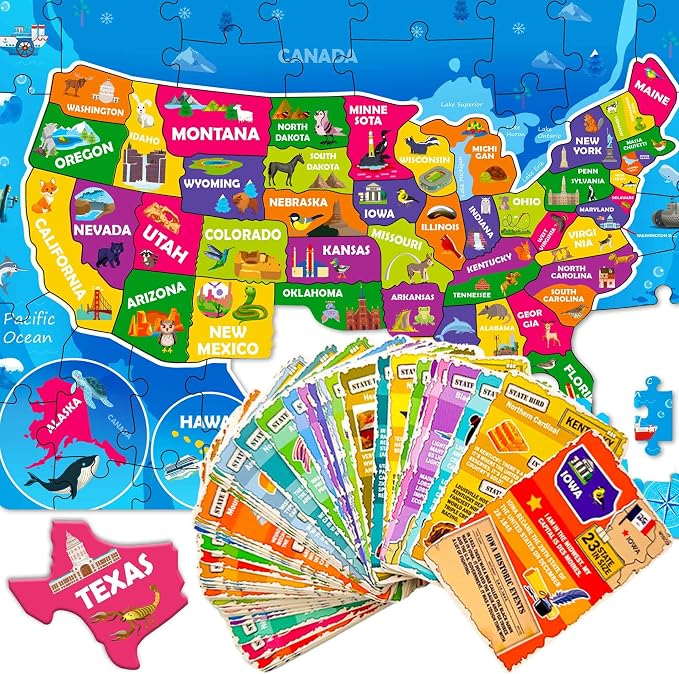 United States Puzzles for Kids Ages 8-10 - 70 Pcs Jigsaw Floor USA Map Puzzles for Kids Ages 6-8 - Includes 50 Cards with 400+ USA Facts - US State & Capitals Educational Gift for Children 4-8