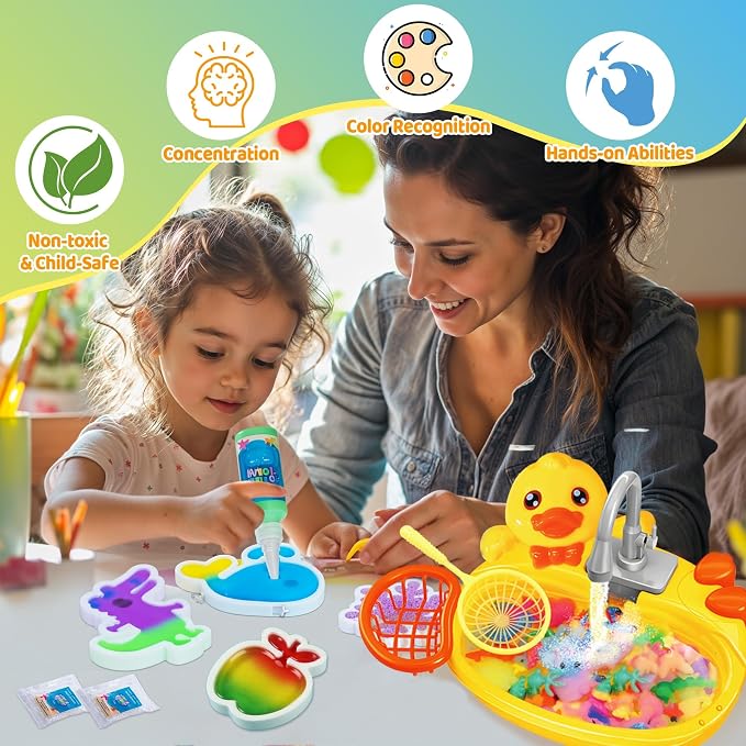 Glow in The Dark Magic Water Elf, Yellow Duck Pool Toy with 12 Aqua Molds,12 Gels to Create Squishy Water Pets, DIY Water Fairy Sensory Toys, Kids STEM Crafts Water Animals, Christmas Birthday Gift
