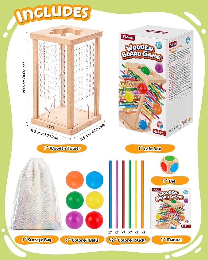 Montessori Wooden Board Game, 42 Colorful Sticks Board Games for Kids 4-6, Math Montessori Toys for 3 4 5 6 Year Olds Fine Motor Skills Toy Family Travel Games, Wooden Stick Game, Gift Boys Girls