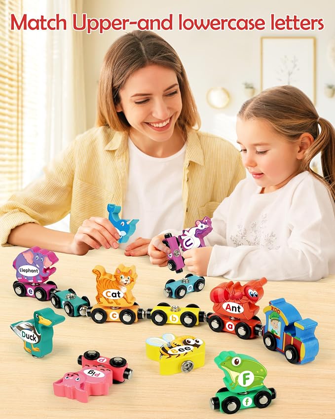 Helsort Wooden Alphabet Train Set for Toddlers – Magnetic ABC Train with Snap-Connection, Animal-Themed Educational Preschool Toy for Kids Ages 3-5, Montessori STEM Learning Gift for Boys and Girls