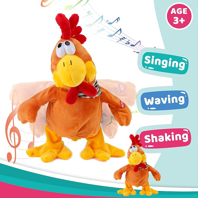 13" Squawking Chicken Musical Stuffed Animal Plushies Walking Singing Waving Rooster Electronic Interactive Plush Toy for Kids Boys Girls Easter