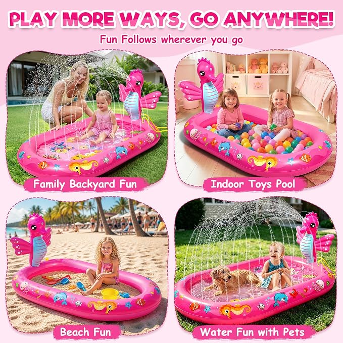 Splash Pad for Toddlers, 3-in-1 Seahorse Inflatable Baby Pool Sprinkler for Kids, Baby Splash Pads Outdoor Play Mat, Backyard Summer Water Toys Birthday Gift for 1+ Year Old Girls Kids