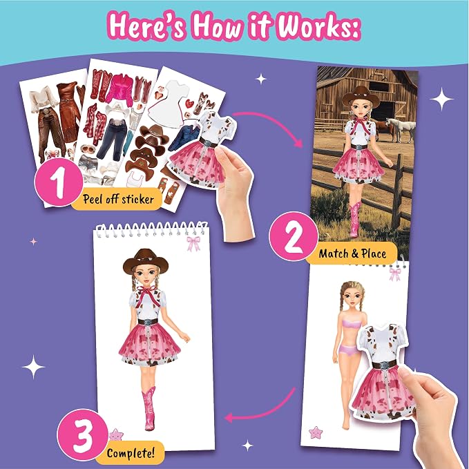 BSCOOL Sticker Dress up Cowgirl - Sticker Activity Book for Kids. Learn Girls Fashion Design with Stickers and Guides for Kids 5 and up. Little Designer Creativity Book