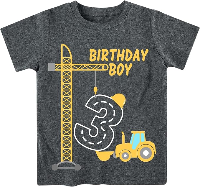 Lovekider 2-5 Years Birthday Boy Shirt Construction Party T-Shirts Excavator Cotton Short Sleeve Tee Dark Grey