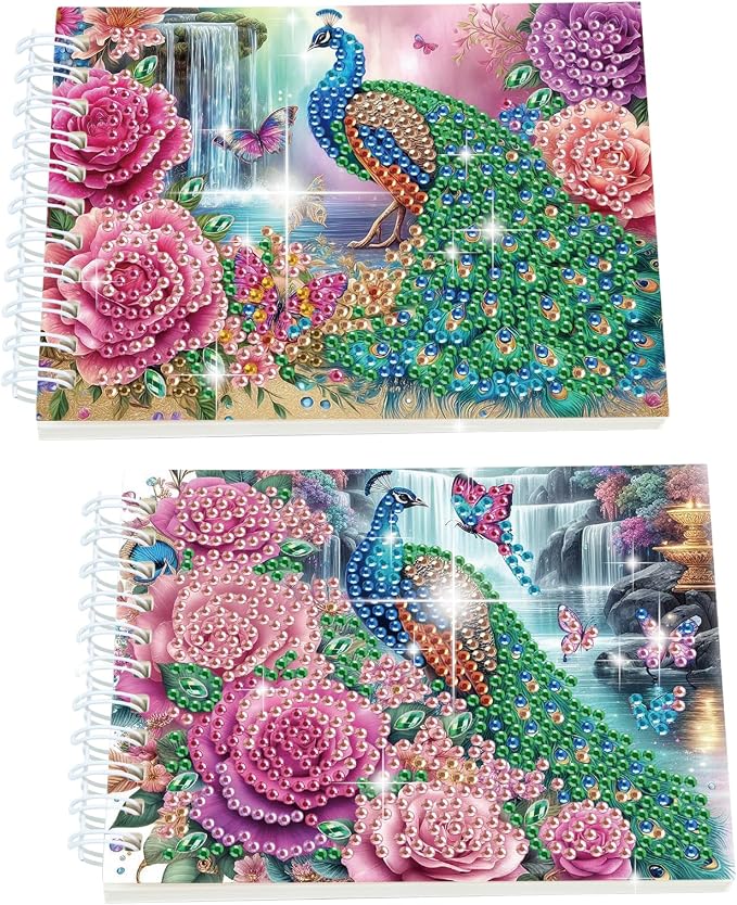 2 Pcs Peacock Diamond Painting Notebook 80 Pages for Adults,Diamond Art Journal and DIY Sketchbook, Diamonds Art Kit Supplies,Gift for Beginners, Craft Lovers, Artists. (Peacock)