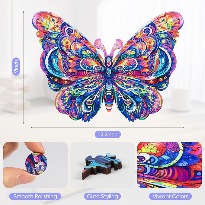Mys Aurora Wooden Puzzles for Adults, Butterfly Jigsaw Puzzles 200 Pieces, 9 x 12.2 Inch, Medium, Unique Shaped Irregular Colorful Wood Puzzles, Beautiful Luxury Packag Gifts for Adults and Kids