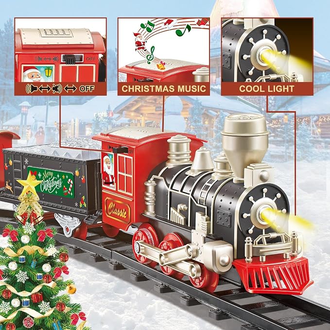 JQ JUQU Electric Train Set for Kids Ages 4-8 with Lights and Music - 20-Piece Toy Train and Tracks Set for Children, Compatible for Christmas Tree and Year-Round Play