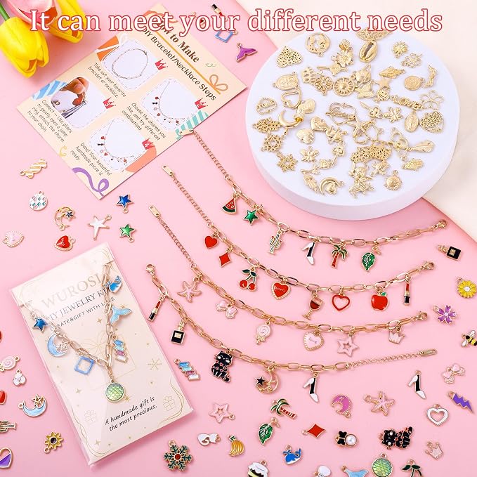 Wurosi 413 Pieces Gold Paperclip Charm Bracelet Making Kit, Including Paperclip Chain Bracelets, Charms, Jump Rings, Gift Bags, Pliers for Crafts Beginner Supplies Gift