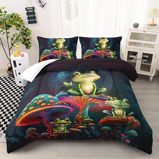 AILONEN Frog Comforter Set Twin Size,Fantasy Magic Mushroom Frog Kids Bedding Set for Boys Girls,Green Wild Animals Duvet Set 3 Pieces, 1 Quilt and 2 Pillowcases, All Season