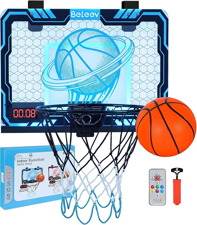 BELEEV Indoor Mini Basketball Hoop with LED Lights, Electronic Scoreboard & Sounds, Over The Door Basketball Hoop for Kids, Ball & Pump Included, Indoor Sports Toy Gift for Boys Girls Ages 4-12 (Blue)