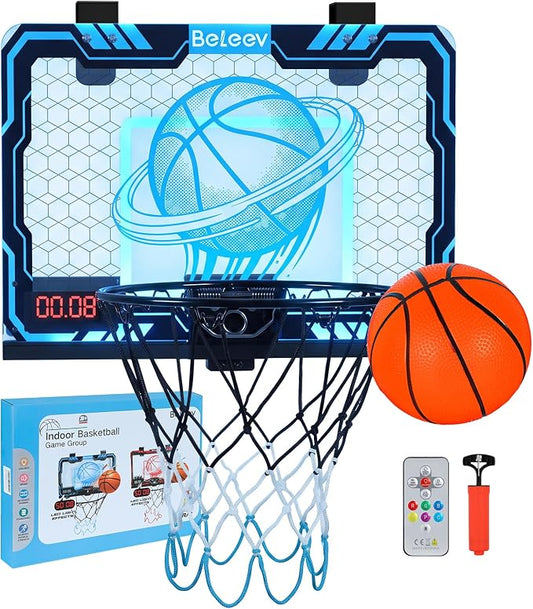 BELEEV Indoor Mini Basketball Hoop with LED Lights, Electronic Scoreboard & Sounds, Over The Door Basketball Hoop for Kids, Ball & Pump Included, Indoor Sports Toy Gift for Boys Girls Ages 4-12 (Blue)