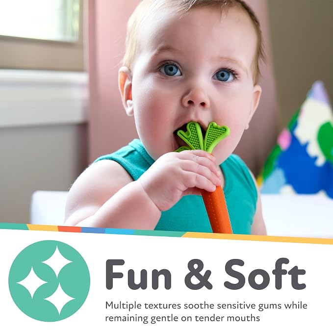 Nuby Silicone Carrot Tube Teether - Baby Teething Toy - Massaging Bristles for Sore Gums - 3+ Months - Easter Basket Stuffer