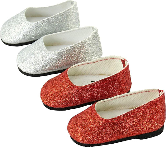 American Fashion World Red and Silver Glitter Flats for 18-Inch Dolls | 2 Piece Set | Premium Quality & Trendy Design | Dolls Shoes | Shoe Fashion for Dolls for Popular Brands