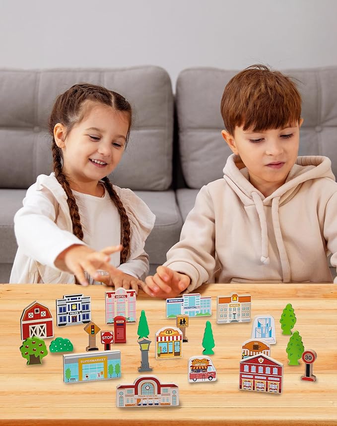 SainSmart Jr. 30 Pcs Wooden Town Play Set, Wooden Train Accessories, Community Helpers Toys for Preschool Learning | Includes Buildings, Traffic Signs and Trees | Gift for Boys and Girls