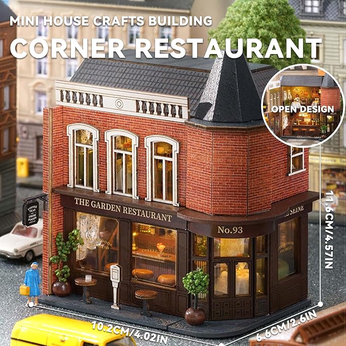Flever Dollhouse Miniature DIY House Kit Creative Room with Furniture for Romantic Valentine's Gift (Corner Restaurant)