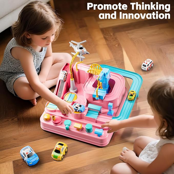 Car Race Track for Kids Ages 4-8, Kids Car Toys for 3 Year Old Boys, Race Track for Toddlers 3-5, City Set with 3 Small Cars and Helicopter, Educational Birthday Gifts (Pink)