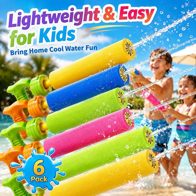 6 Pack Water Squirter for Kids, Foam Water Pool Squirt Toy, Outdoor Swimming Beach Water Play, Pool Backyard Party Activities Birthday Gift Toy for Toddler Kid Ages 1-3 4-8 8-12