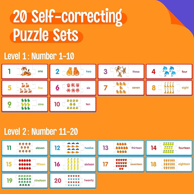 1-20 Number Puzzles, 20 Self-Correcting Matching Puzzle Set, Educational Counting Game Math Numbers Learning Toys for Toddlers, Preschool, Kids Aged 3-5