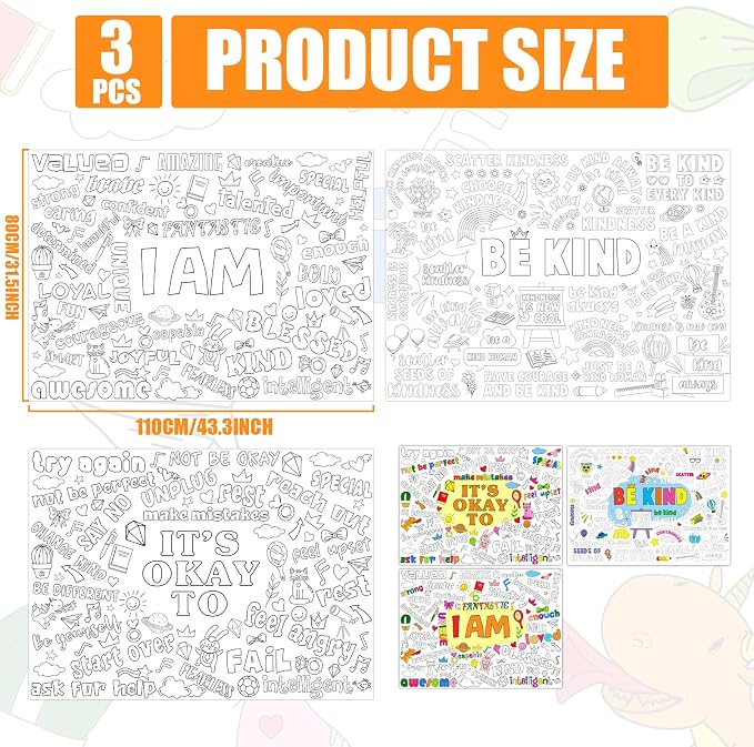 Set of 3 Jumbo Giant Coloring Poster for Kid Large Positive Coloring Tablecloths with I AM IT’S OK TO BE KIND Theme Inspirational Fun Coloring Banner for Classroom Home Activity Birthday Party Supply