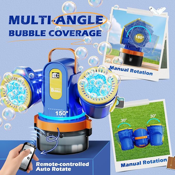 Dual-Engine Bubble Machine with Auto Rotation & RGB Lights & Remote Control,1800mA Type-C Rechargeable,700mL Tank,Bubble Maker for Kids, Party, Wedding, Backyard Outdoor Toy