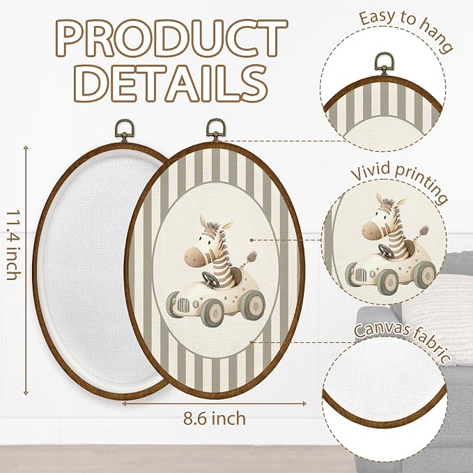 WULQYING Vintage Zebra Nursery Wall Art Decor, Kids Oval Framed Canvas Art Prints, Neutral Striped Zebra Driving Car Wall Hanging Decor for Kids Boy Nursery Room Playroom, 8.5x11.4 Inches