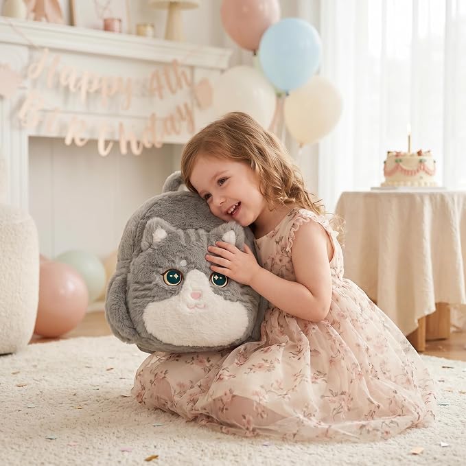 Lazada Adorable Grey Cat - Shaped Plush Backpack for Kids & Teens | Soft, Cuddly & Functional School and Travel Companion 11Inches