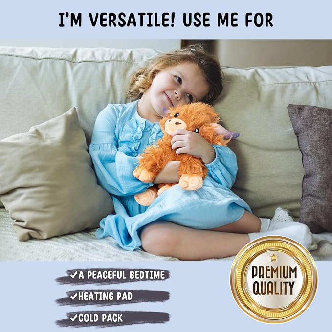 Happy Fuel Highland Cow Microwavable 1.5lbs Unscented Heating Pad for Women & Kids- Cute Soft Cozy Pillow Plush Heatable Warm Stuffed Animals- Kawaii Hot & Cold Plushie Toy- Cow Gifts for Girls & Boys