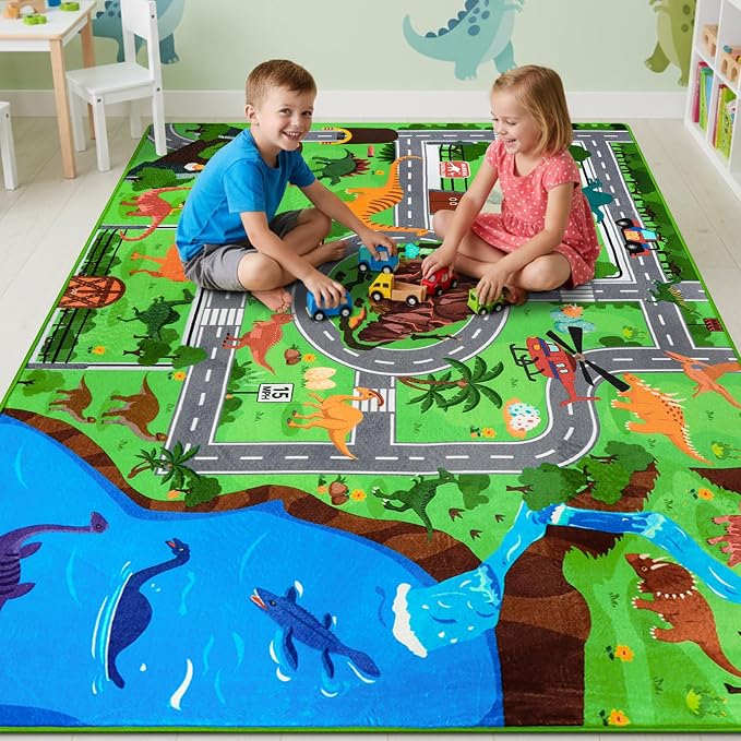 Kids Dinosaur Rug, 4'11" x 6'7" Kids Mat for Playroom– Extra Thick 0.4in Non-Slip Dino Safari Rug Road Play Mat for Classroom and Bedroom, Ideal for Educational Learning Play Areas（for Age 2+