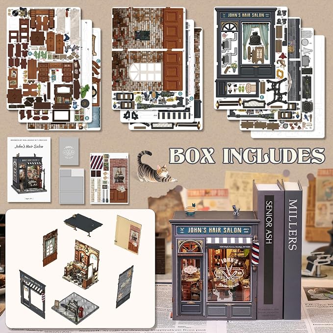 Cutefun Book Nook Kit - DIY Miniature Coffee Shop Dollhouse Kit for Adults and Teens, 3D Wooden Puzzle Bookshelf Insert Decor with LED Light, Gifts for Book Lovers and Beginners (John's Hair Salon)