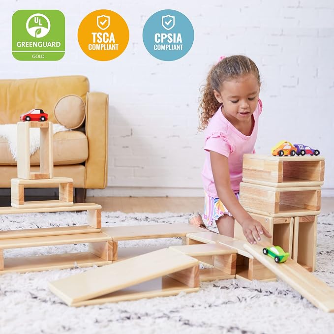 ECR4Kids Blocks and Arches Wooden Stacking Playset, Montessori Toys, Natural, 18-Piece