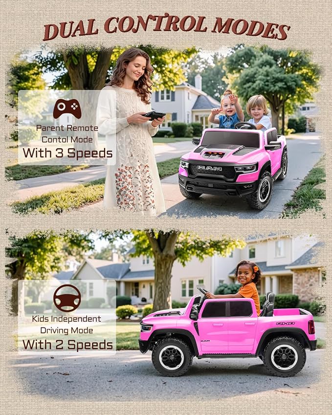 First Ride On 24V Ride On Toys for Big Kids, RAM 1500 RHO 2 Seater Ride on Car w/Remote, Battery Powered Truck w/ 4 Wheels Suspension, Toddler Car w/Bluetooth, LED Lights, Trunk