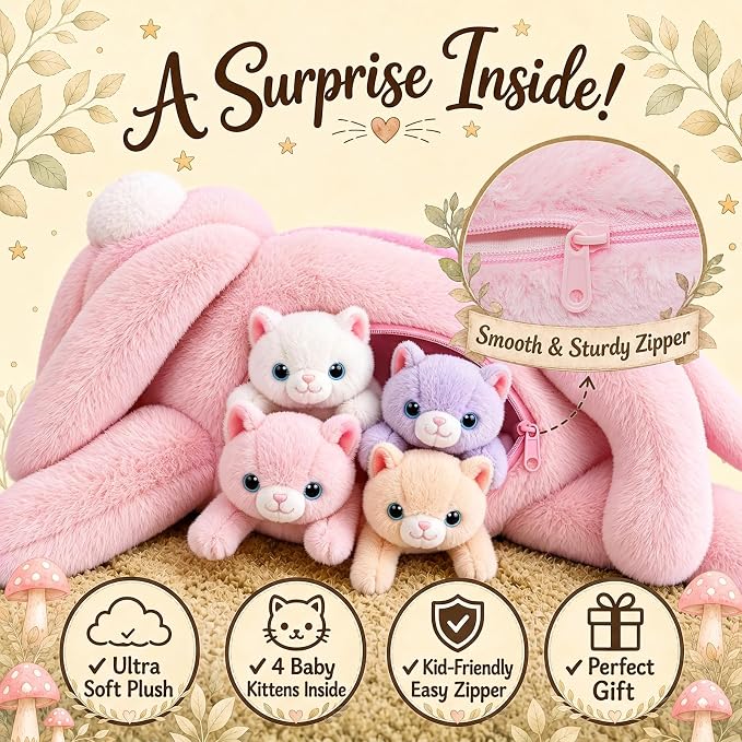 gnomantic Cat Stuffed Animals with Babies Inside, Mommy Toy for Kids | 5-Piece set: 1 mommy cat + 4 baby kittens inside. Unzip belly to reveal surprise babies. Ultra-soft, ages 3-8.