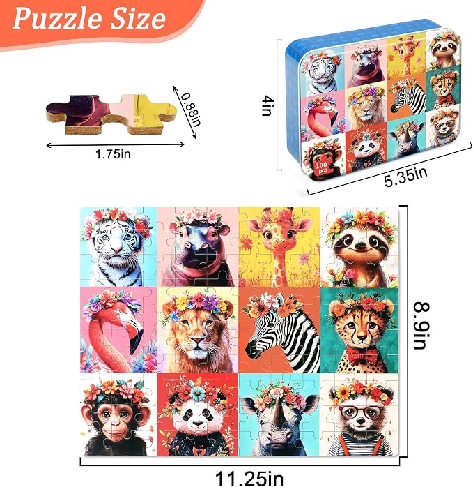 MZZOTOY Beautiful Wild Animals Puzzles for Kids Ages 4-8, 100 Pieces Jigsaw Puzzles for Kids Ages 3-5 Puzzle for Girls and Boys Learning Educational Puzzles Toys in a Metal Box