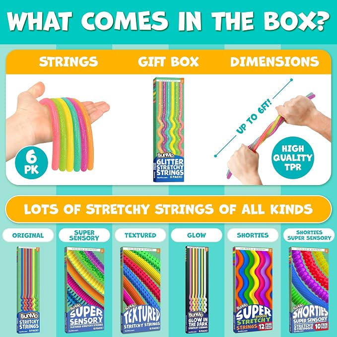 BUNMO Sensory Toys Stretchy Strings for Toddlers 3+ - Stimulating & Addictive Fidget Toys for Kids - Hours of Fun for Kids - Non-Mouthable Toy 3+ - Glitter 6 Pack