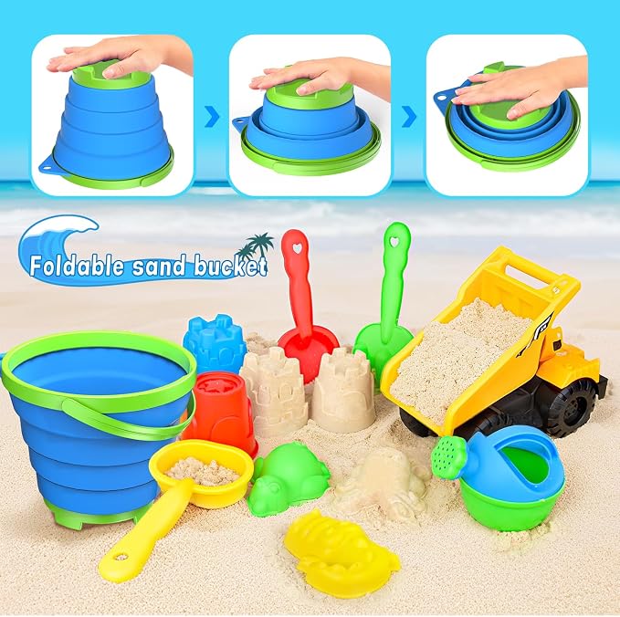 Beach Toys, 14Pcs Sand Toys with Construction Vehicle and Collapsible Beach Bucket, Animal Sand Mold Sets, Watering Can,Shovel Set with Mesh Bag,Summer Outdoor Play Travel Sandbox Gift for Boys Girls