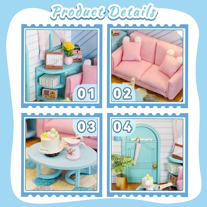 Kisoy Dollhouse Miniature with Furniture Kit, DIY 3D Wooden DIY House Kit A Corner of a Small Apartment Style with Dust Cover & LED, Handmade Tiny House Toys for Adults and Teens Gift（Living Room）