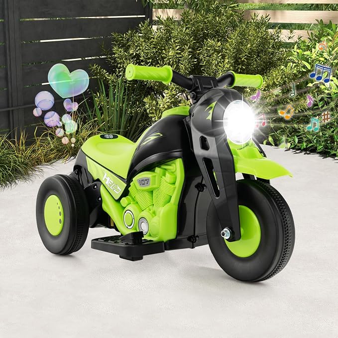 Costzon Kids Motorcycle, 6V Battery Powered Ride on Motorcycle with Bubble Maker, Music, LED Headlight, Forward & Backward, 3 Wheels Electric Motorcycle for Kids, Gift for Boys & Girls (Green)